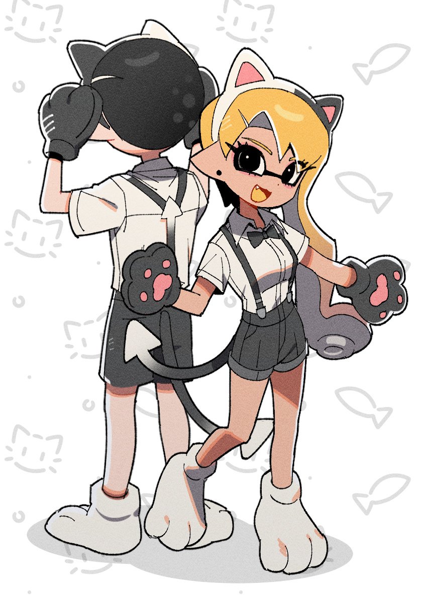 1boy 1girl :3 animal_ear_hairband animal_ears animal_hands black_bow black_bowtie black_eyes black_gloves black_hair black_shorts bow bowtie cat_ears cat_tail collared_shirt colored_tongue cosplay earrings facing_away fake_animal_ears fake_tail fang film_grain full_body gloves hairband hg_swdiary inkling inkling_boy inkling_girl inkling_player_character jewelry judd_(splatoon) judd_(splatoon)_(cosplay) long_hair looking_at_viewer nintendo open_mouth orange_hair orange_tongue paw_gloves paw_shoes pointy_ears shirt short_hair short_sleeves shorts splatoon_(series) splatoon_3 suction_cups suspender_shorts suspenders tail tentacle_hair wavy_hair white_footwear white_shirt