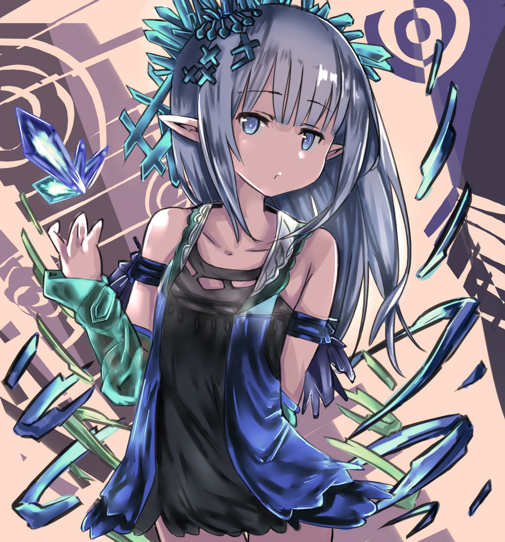 10s 1girl arm_behind_back armlet bad_hands bare_shoulders blue_eyes blue_hair blunt_bangs collarbone cowboy_shot crystal detached_sleeves dress erin_(granblue_fantasy) eyebrows female_focus flat_chest granblue_fantasy hair_ornament jewelry long_hair long_sleeves lplpsteven matching_hair/eyes no_nose orange_background pointy_ears short_dress sleeveless sleeveless_dress solo standing thigh_gap