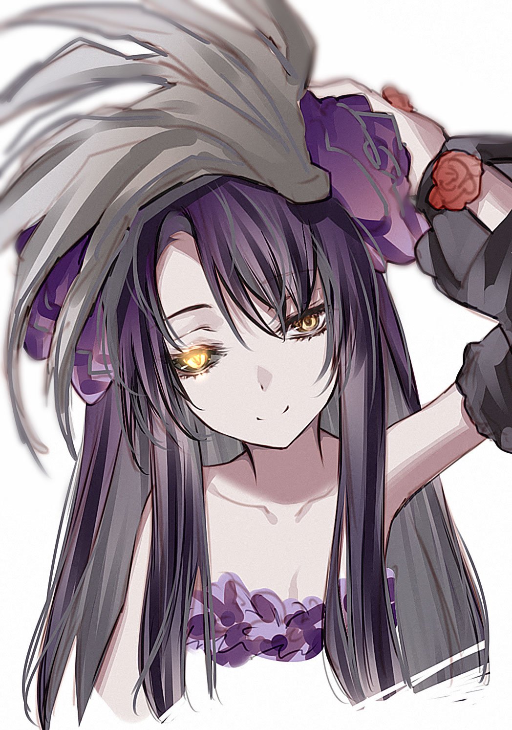 1girl bare_shoulders beatrice_(wild_arms) black_hair breasts closed_mouth collarbone dainatsu feathers flower glowing glowing_eye hair_flower hair_ornament hand_up highres long_hair looking_at_viewer purple_flower purple_rose rose simple_background small_breasts smile solo white_background wild_arms wild_arms_3 yellow_eyes