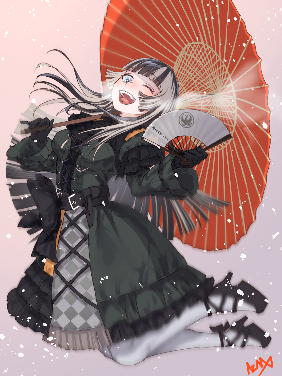 1girl azuma_(azmdraw) belt black_belt black_bow black_dress black_gloves blue_eyes bow cross-laced_clothes cross-laced_dress dress dress_bow full_body gloves gothic_lolita hand_fan high_heels highres holding holding_fan holding_umbrella hololive hololive_dev_is jumping juufuutei_raden juufuutei_raden_(1st_costume) lolita_fashion looking_at_viewer one_eye_closed open_mouth pantyhose red_umbrella signature solo teeth tongue umbrella upper_teeth_only white_pantyhose yatagarasu