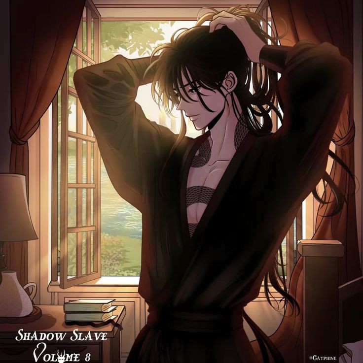 1boy arms_up artist_request bed black_eyes black_hair black_shirt book chest_tattoo closed_mouth curtains hands_up jug lamp light_smile long_hair male_focus nightstand novel_illustration official_art ponytail shadow_slave shirt sunlight sunny_(shadow_slave) tattoo tree very_long_hair window