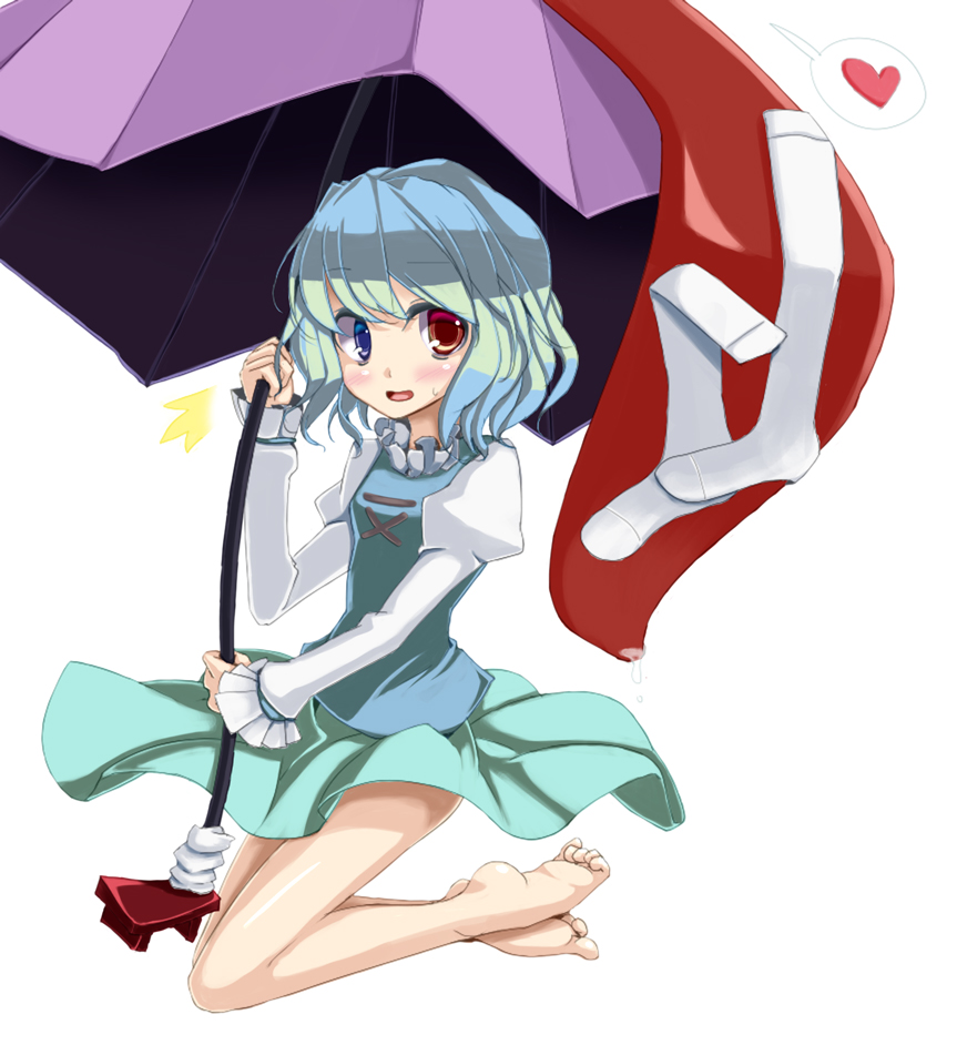 1girl bad_id bad_pixiv_id barefoot blue_eyes blue_hair colorized feet female_focus heart heterochromia karakasa_obake matching_hair/eyes oouso popi_(pixiv) red_eyes short_hair socks solo tatara_kogasa tongue touhou umbrella vi_(ena0930)