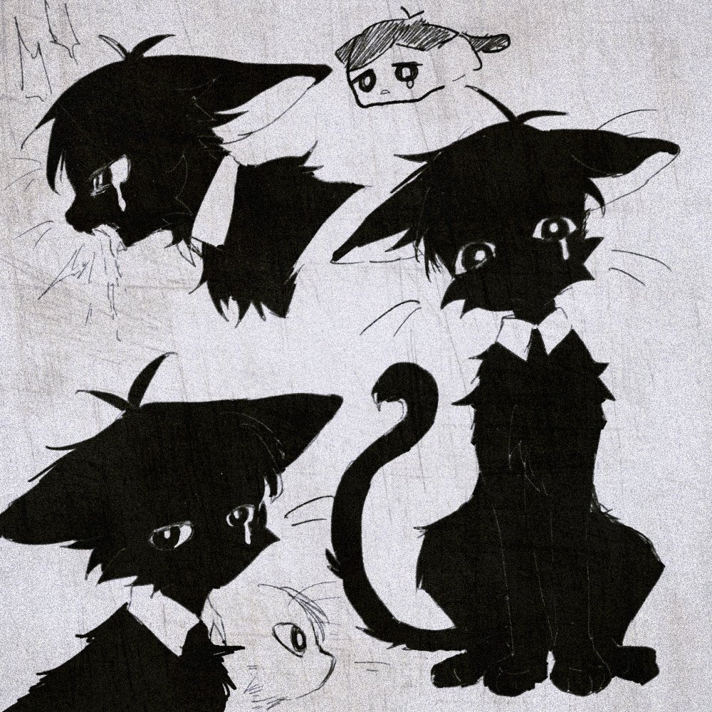 animal animal_focus animalization black_cat bright_pupils cat commentary english_commentary hmaokuro no_humans omori single_tear sunny_(omori) traditional_media white_pupils