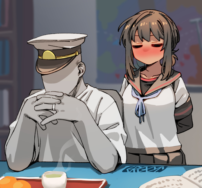 1boy 1girl admiral_(kancolle) alternate_breast_size arms_behind_back black_sailor_collar black_shirt black_skirt blue_neckerchief blush book breasts brown_hair chair closed_eyes collarbone colored_skin commentary_request cup desk ergot faceless faceless_male facing_viewer food fubuki_(kancolle) fubuki_kai_ni_(kancolle) gendou_pose grey_skin hands_clasped hat head_rest indoors jewelry kantai_collection layered_sleeves long_sleeves low_ponytail map medium_breasts medium_hair military_uniform naval_uniform neckerchief open_book own_hands_clasped own_hands_together peaked_cap pleated_skirt ring sailor_collar school_uniform serafuku shirt short_over_long_sleeves short_sleeves sidelocks signature sitting skirt standing steam t-shirt tea teacup upper_body wedding_ring white_shirt