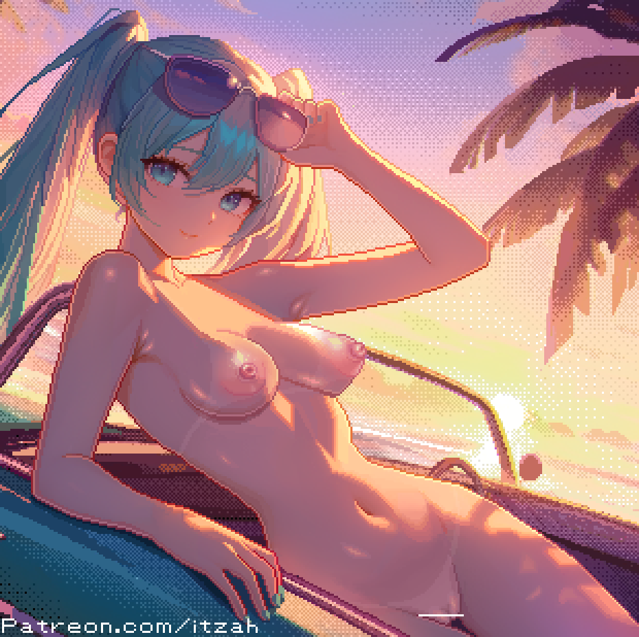 1girl adjusting_eyewear bar_censor breasts censored closed_mouth completely_nude dithering evening eyewear_on_head halterneck hatsune_miku itzah long_hair looking_at_viewer medium_breasts navel nipples nude outdoors palm_tree pixel_art pussy smile solo sunglasses sunset tree twintails vocaloid