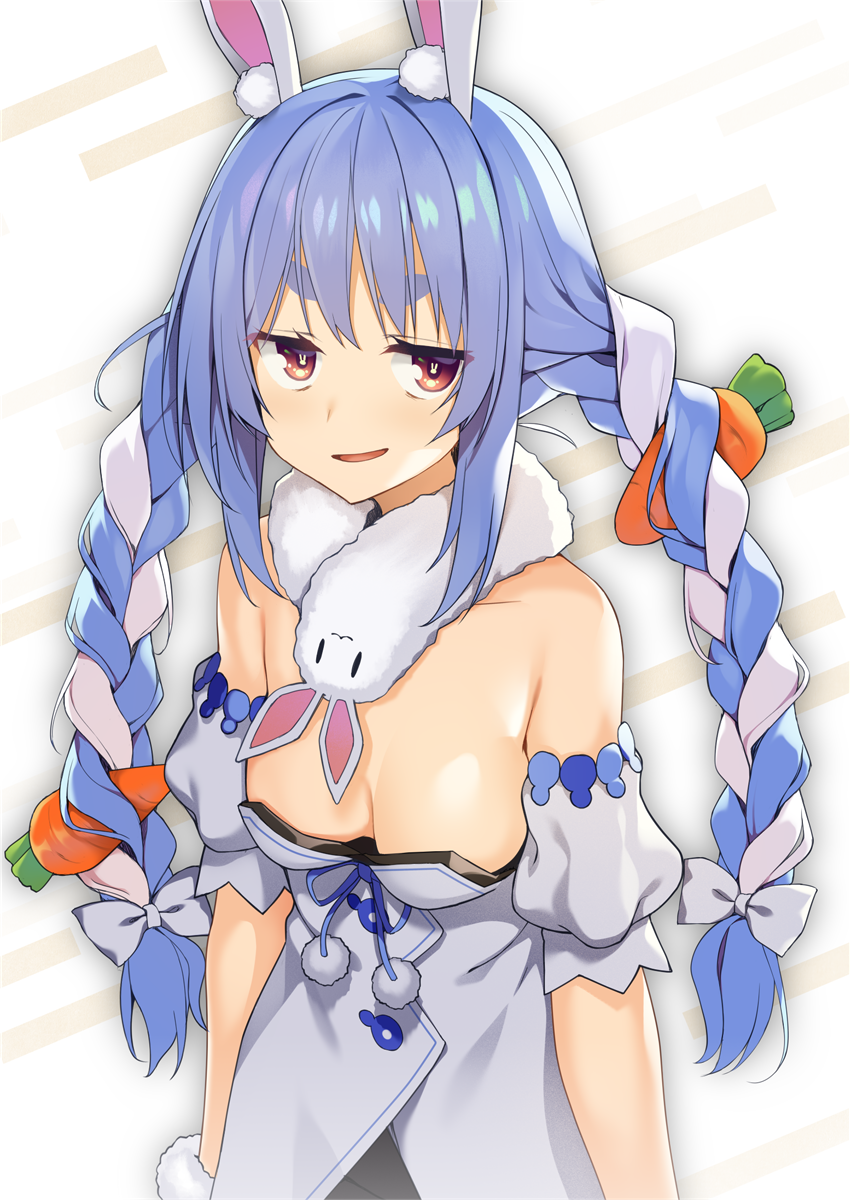 1girl animal_ears arm_garter black_leotard blue_hair bow breasts carrot_hair_ornament cleavage commentary cowboy_shot don-chan_(usada_pekora) dress food-themed_hair_ornament fur_scarf hair_bow hair_ornament highres hokkana hololive jitome leotard leotard_under_clothes light_blue_hair long_hair looking_at_viewer medium_breasts multicolored_hair open_mouth pom_pom_(clothes) rabbit-shaped_pupils rabbit_ears red_eyes simple_background smirk smug solo standing strapless strapless_dress symbol-shaped_pupils thick_eyebrows twintails two-tone_hair usada_pekora usada_pekora_(1st_costume) virtual_youtuber white_background white_bow white_dress wrist_cuffs