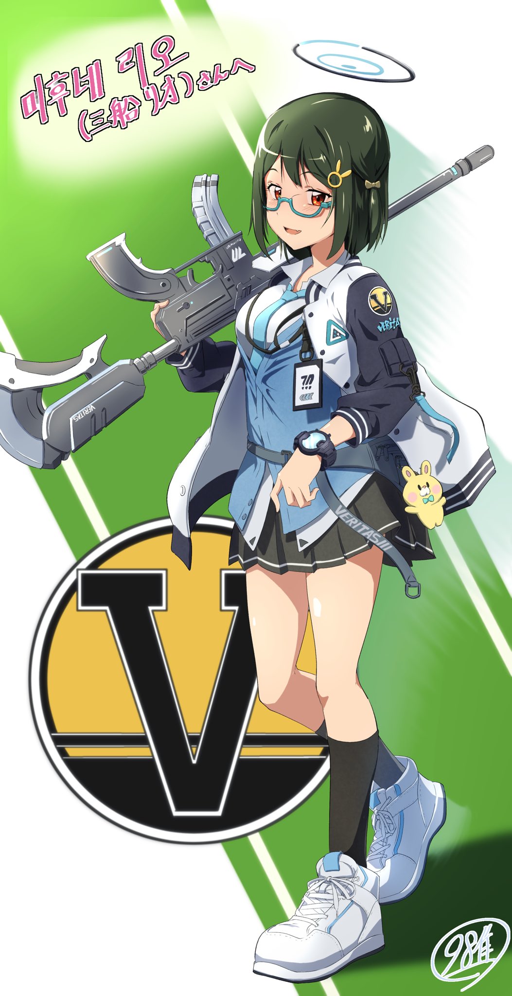 :d aqua-framed_eyewear assault_rifle black_socks blue_archive blue_cardigan blue_necktie breasts brown_eyes cardigan chihiro_(blue_archive) commentary_request full_body glasses green_hair gun h&amp;k_hk416 hair_between_eyes hair_ornament halo highres holding holding_gun holding_weapon id_card jacket kneehighs lanyard large_breasts long_sleeves looking_at_viewer love_live! love_live!_nijigasaki_high_school_idol_club mifune_shioriko multicolored_clothes multicolored_jacket necktie open_clothes open_jacket open_mouth rabbit_hair_ornament rifle second-party_source semi-rimless_eyewear shirt short_hair skirt smile socks solo tongue translation_request two-tone_jacket under-rim_eyewear watch weapon white_shirt wristwatch zasshoku_ojisan