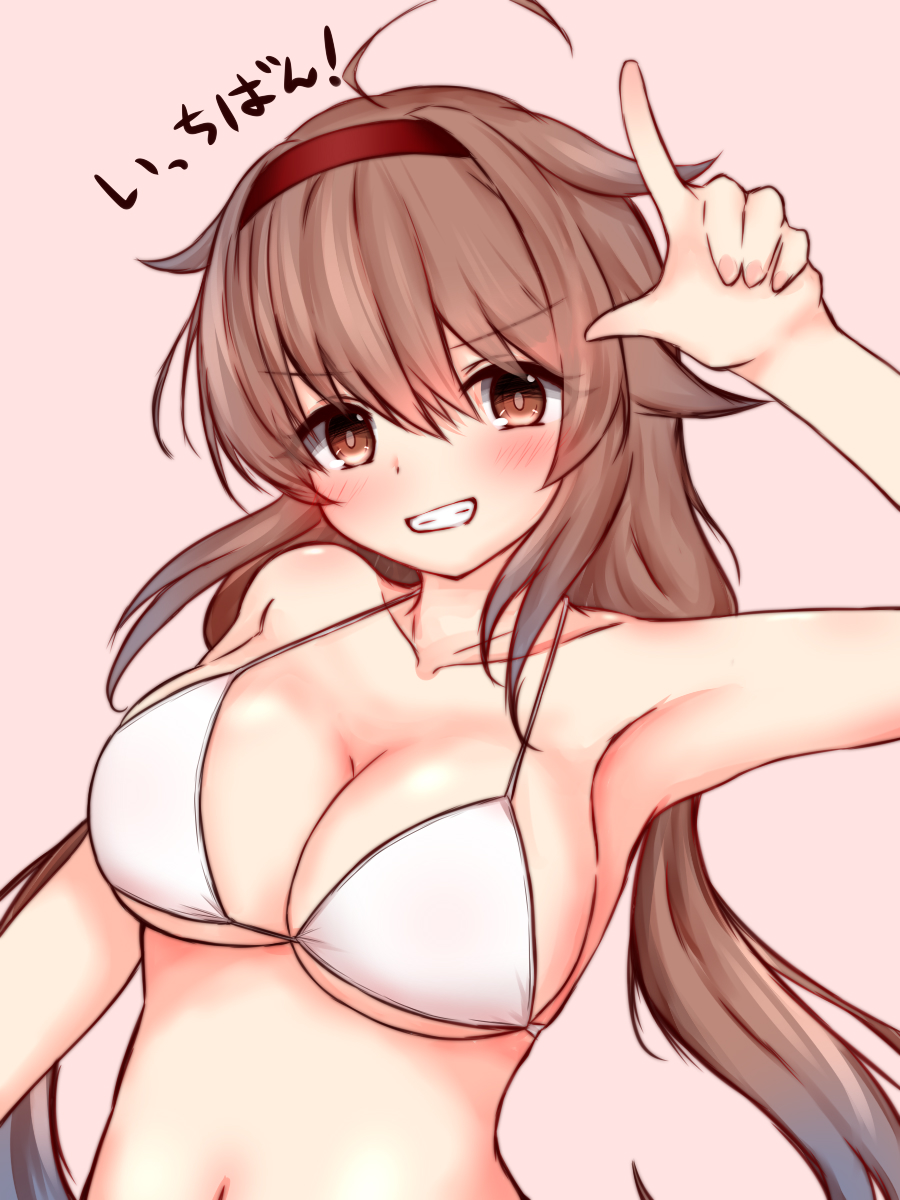 bikini breasts brown_eyes brown_hair cleavage collarbone commentary_request grin hair_flaps hairband highres index_finger_raised kantai_collection large_breasts long_hair pink_background red_hairband shiratsuyu_(kancolle) shiratsuyu_kai_ni_(kancolle) simple_background smile swimsuit upper_body white_bikini yuki_(yukineko-nyaa)