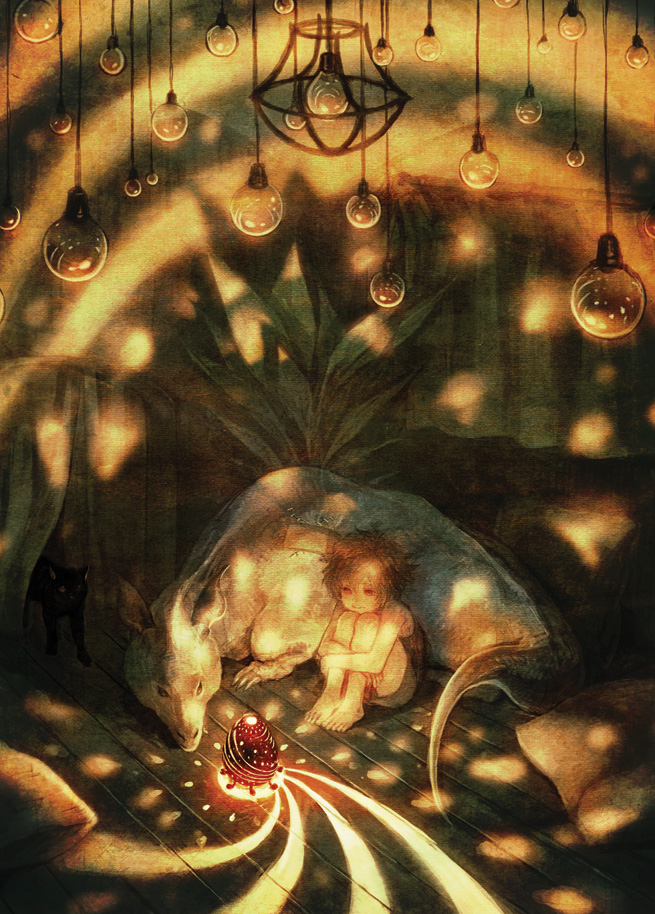 androgynous animal bad_id bad_pixiv_id cat child dragon fantasy gender_request light light_bulb messy_hair red_eyes short_hair solo tea_(retroz)