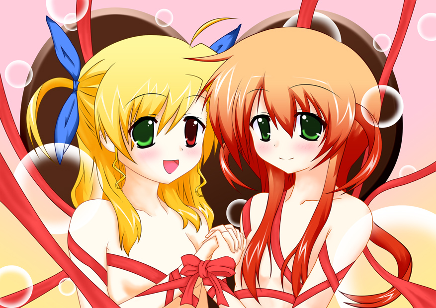 00s bad_id bad_pixiv_id blonde_hair blush chocolate green_eyes heart heterochromia ixveria long_hair lyrical_nanoha mahou_shoujo_lyrical_nanoha mahou_shoujo_lyrical_nanoha_strikers naked_ribbon red_hair ribbon smile valentine vanilla1013 vivio