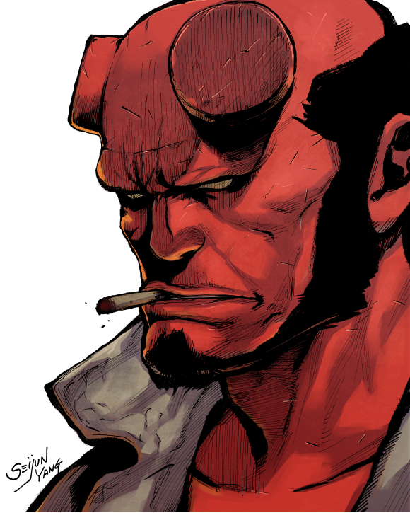 1boy artist_name bald beard_stubble black_hair brown_jacket chipped_horns cigarette collarbone collared_jacket colored_sclera colored_skin commentary demon_boy demon_horns facial_hair hellboy hellboy_(comic) horns jacket looking_ahead male_focus no_pupils nose open_clothes open_jacket red_horns red_skin smoking solo stubble studioseijun white_background yellow_sclera