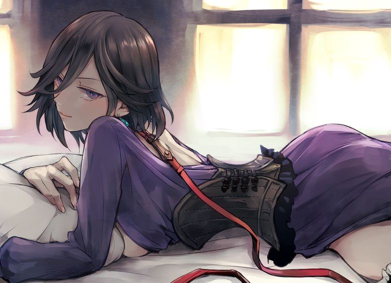 1girl black_hair breasts closed_mouth commentary_request grel_(r6hgvu5) hair_between_eyes leash looking_at_viewer lying medium_hair octopath_traveler octopath_traveler_ii on_stomach purple_eyes smile solo throne_anguis