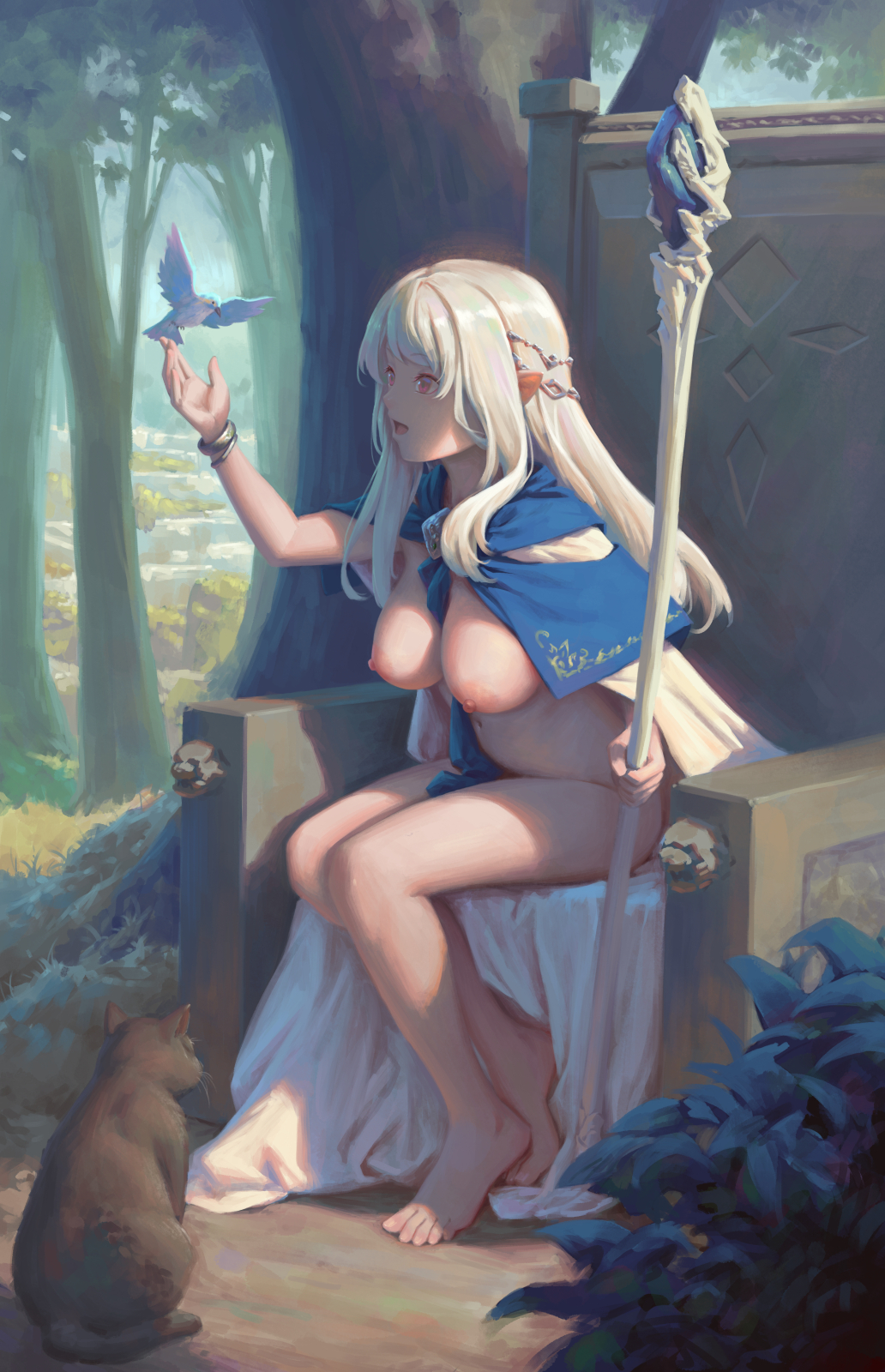 1girl animal barefoot bigrbear bird blonde_hair blue_capelet bracelet breasts breasts_apart capelet cat commentary elf english_commentary feet forest hand_up highres holding holding_staff jewelry large_breasts long_hair looking_at_animal nature nipples nudist open_mouth original outdoors pointy_ears red_eyes sitting solo staff throne toes