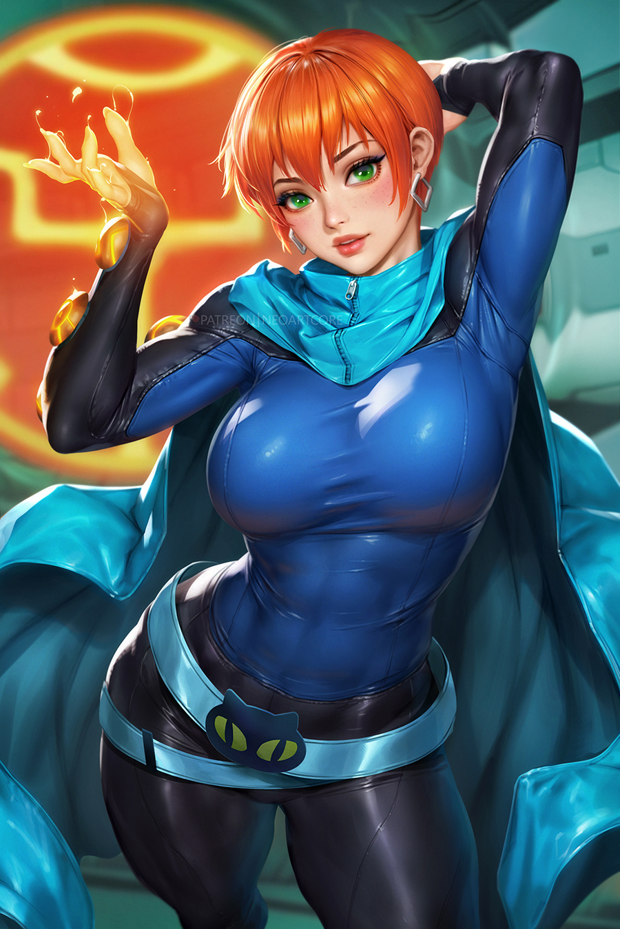 1girl arm_behind_head ben_10 blue_cloak blurry blurry_background breasts cloak earrings freckles future_gwen green_eyes gwen_tennyson highres jewelry large_breasts neoartcore orange_hair patreon_username short_hair solo taut_clothes toned toned_female two-tone_bodysuit watermark zipper zipper_pull_tab