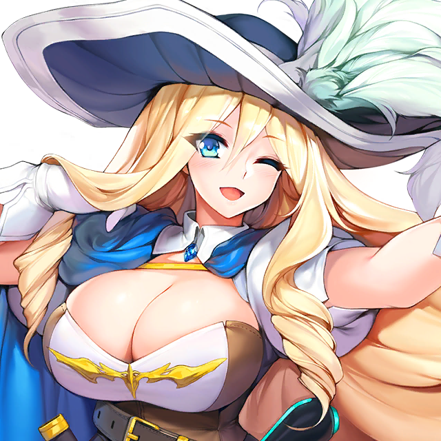 1girl adjusting_hair belt blonde_hair blue_cape blue_eyes blush breasts bursting_breasts cape charlotte_(last_origin) cleavage cleavage_cutout clothing_cutout drill_hair eyelashes female_focus game_cg gloves hair_between_eyes hair_flip hat hat_feather high_collar huge_breasts jewelry large_hat last_origin long_hair looking_at_viewer official_art one_eye_closed puffy_short_sleeves puffy_sleeves scabbard sheath short_sleeves smile snowball22 tight_clothes transparent_background upper_body white_gloves wink