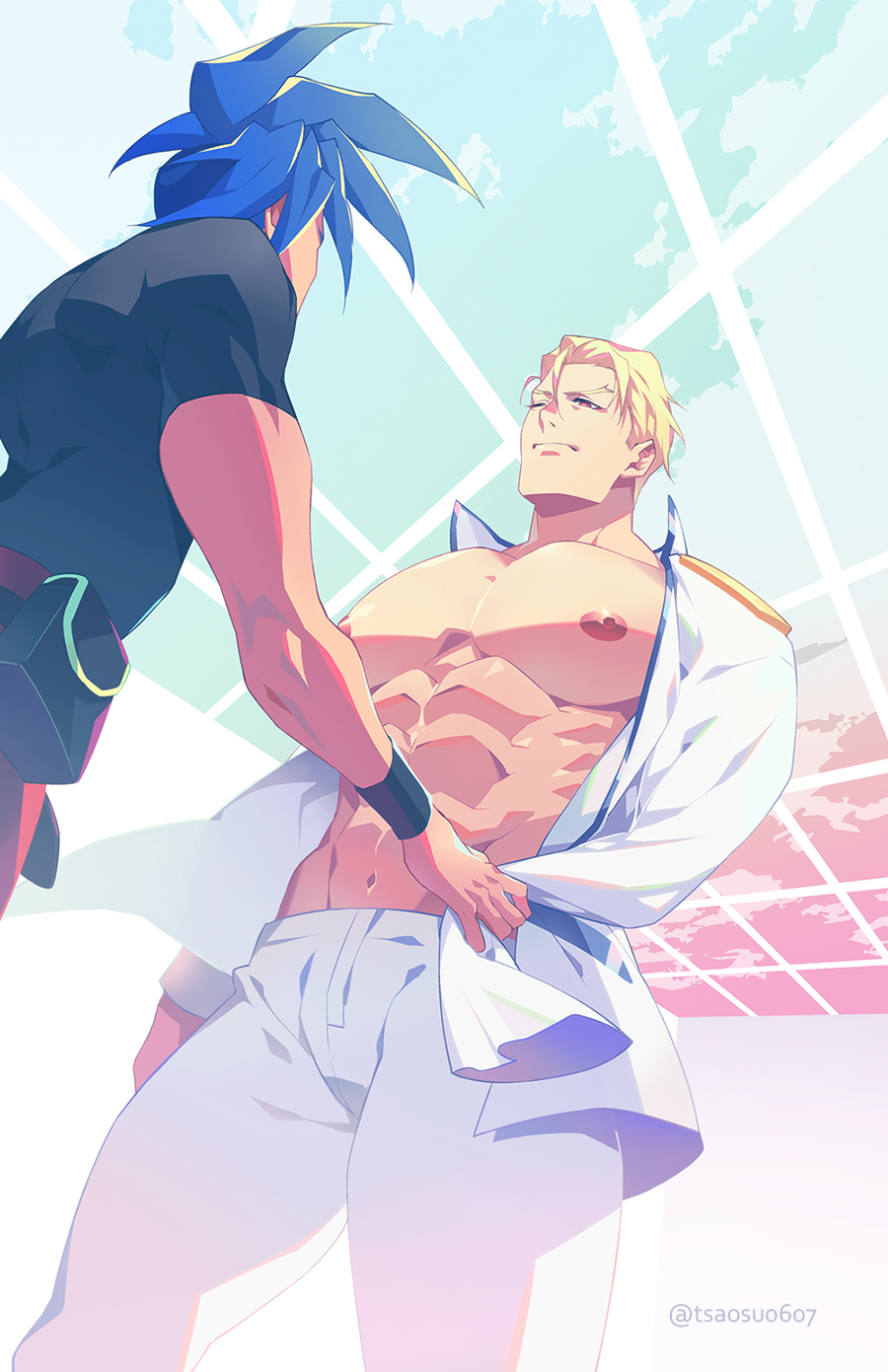 2boys abs bara black_jacket black_shirt blonde_hair blue_hair closed_mouth galo_thymos high_collar highres jacket kray_foresight large_pectorals looking_at_another male_focus multiple_boys muscular muscular_male navel nipples one_eye_closed open_clothes open_jacket pants pectorals promare shirt short_hair tsaosu0607 twitter_username white_pants wristband