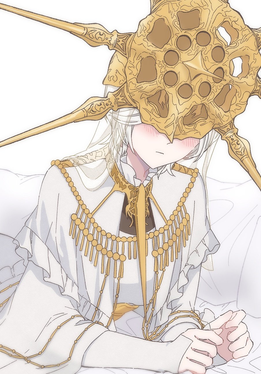 1boy blush closed_mouth covered_eyes dark_souls_(series) dark_souls_i dark_sun_gwyndolin dress frills gold_headwear grey_hair helmet highres long_sleeves lying male_focus on_stomach short_hair simple_background solo susukeya veil white_background white_dress