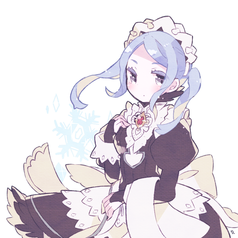 1girl apron blue_hair bridal_gauntlets feather_trim fire_emblem fire_emblem_fates flora_(fire_emblem) grey_eyes grey_hair long_hair maid maid_apron maid_headdress nintendo nozomu_o twintails