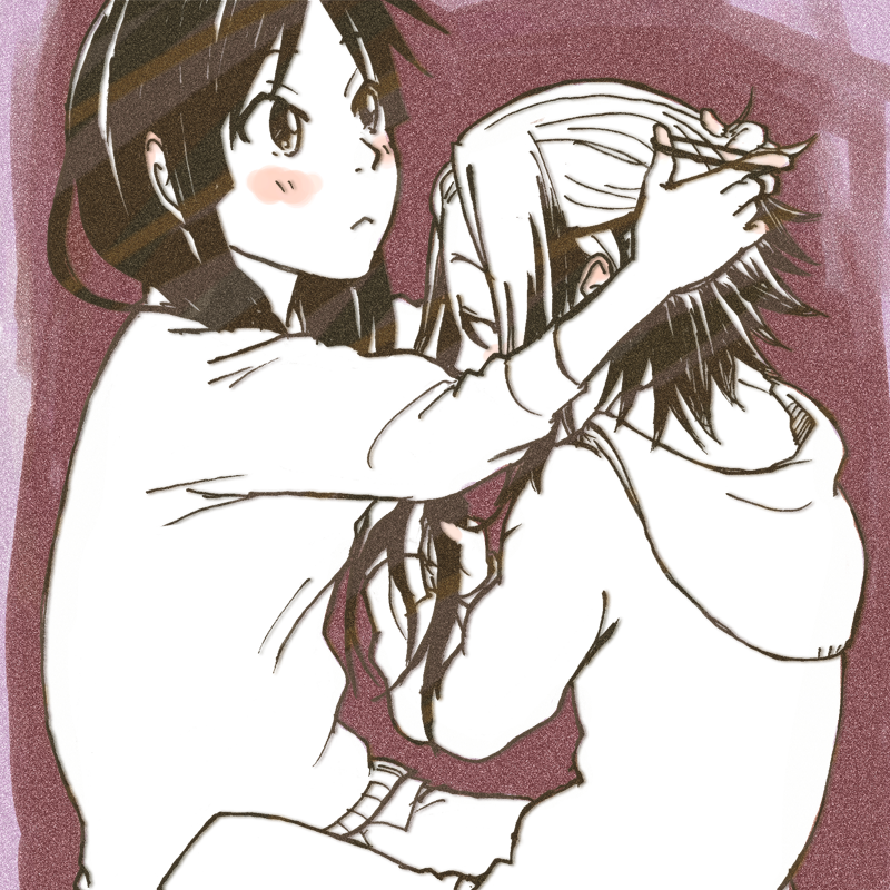 2girls akiyama_mio alternate_hairstyle bad_id bad_pixiv_id black_eyes black_hair blush bonjin hood hoodie k-on! long_hair multiple_girls sleeves_pushed_up sweater tainaka_ritsu yuri