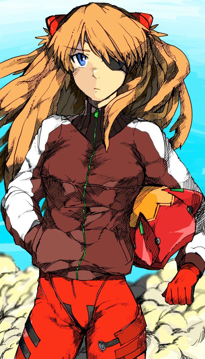 1girl bad_id bad_pixiv_id blue_eyes bodysuit bodysuit_under_clothes brown_hair eyepatch hand_in_pocket helmet highres holding holding_helmet interface_headset jacket long_hair looking_at_viewer mecha_pilot_suit neon_genesis_evangelion plugsuit rebuild_of_evangelion red_bodysuit red_jacket seeeeejingo solo souryuu_asuka_langley standing