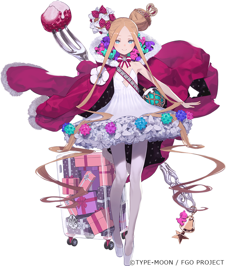 1girl abigail_williams_(fate) abigail_williams_(santa)_(fate) bare_shoulders blue_eyes fate/grand_order fate_(series) food fork fruit kuroboshi_kouhaku long_hair official_art rolling_suitcase skirt smile strawberry suitcase white_skirt