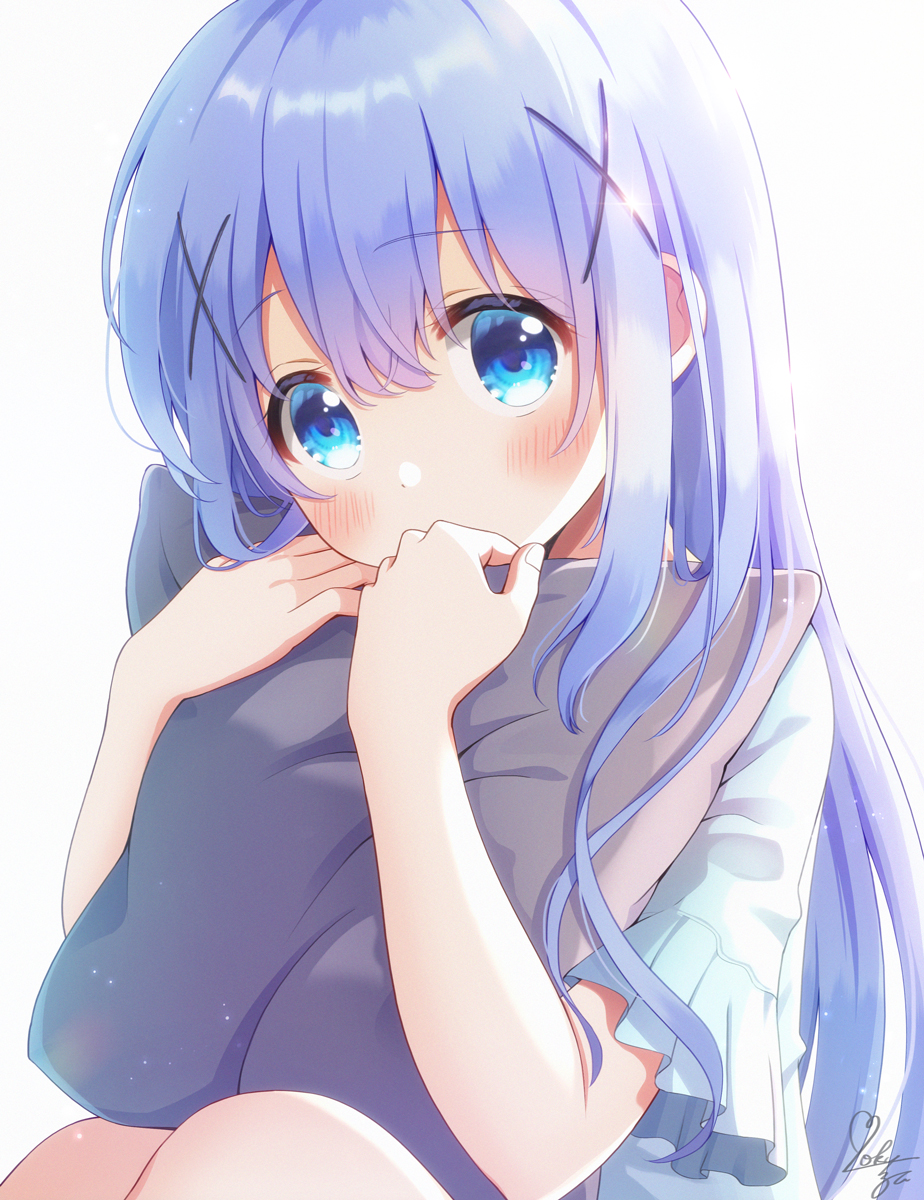 1girl blue_eyes blue_hair blue_pajamas blush commentary_request gochuumon_wa_usagi_desu_ka? hair_between_eyes hair_ornament highres kafuu_chino long_hair looking_at_viewer mozukun43 hugging_object pajamas pillow pillow_hug signature simple_background solo white_background x_hair_ornament