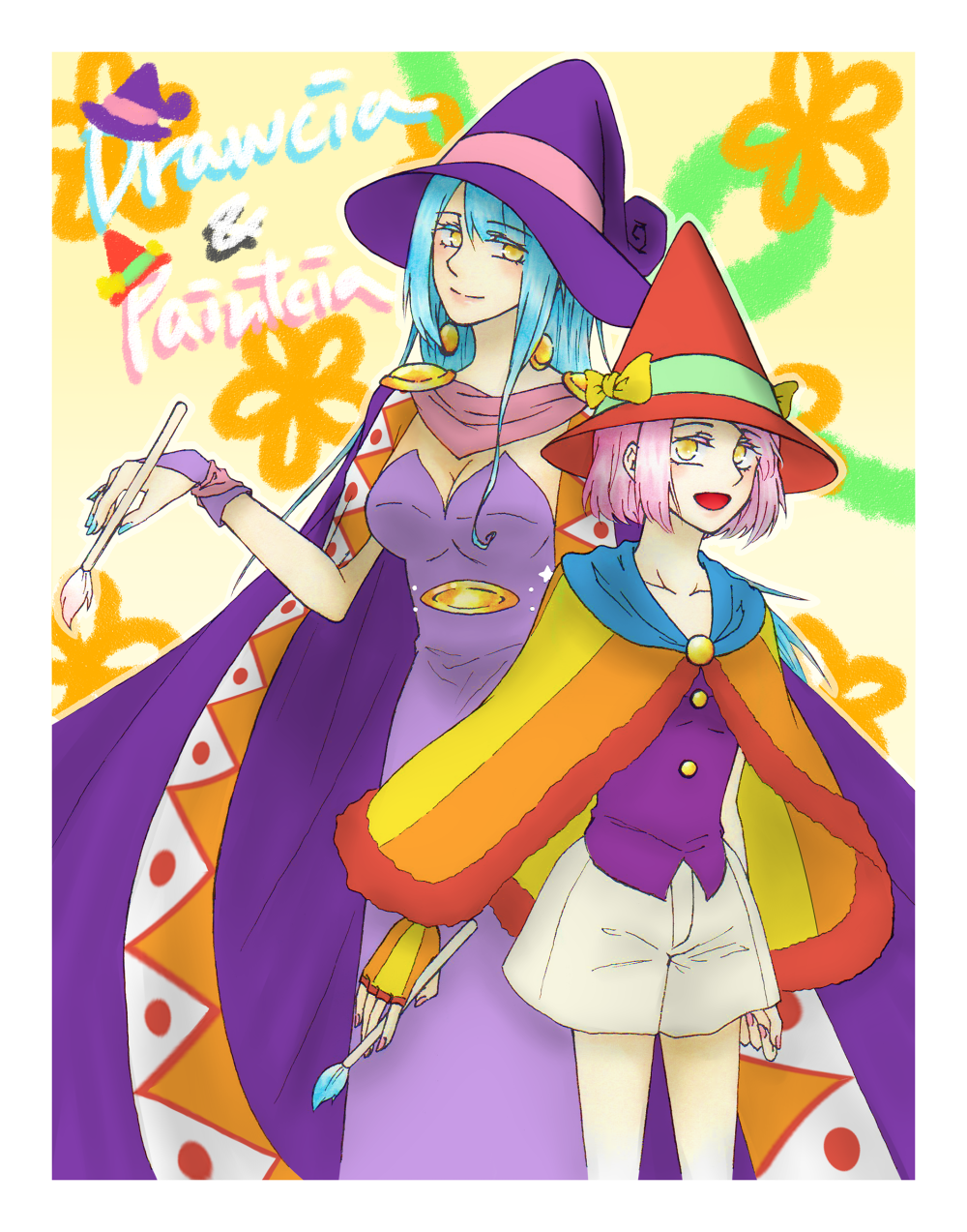 2girls artist_request blue_hair bow breasts cape cloak drawcia dress earrings fingerless_gloves gloves hat highres jewelry kirby:_triple_deluxe kirby_(series) kirby_canvas_curse long_hair looking_at_viewer multiple_girls nail_polish nintendo open_mouth paintra personification pink_hair short_hair shorts siblings simple_background sisters smile vest yellow_eyes