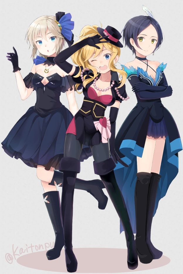 10s 3girls anastasia_(idolmaster) black_footwear black_hair black_legwear blonde_hair blue_eyes boots breasts elbow_gloves gloves hat hayami_kanade high_heel_boots high_heels idolmaster idolmaster_cinderella_girls k@ito90p knee_boots long_hair multiple_girls ohtsuki_yui one_eye_closed open_mouth pantyhose parted_bangs project_krone short_hair side_ponytail silver_hair smile thighhighs yellow_eyes