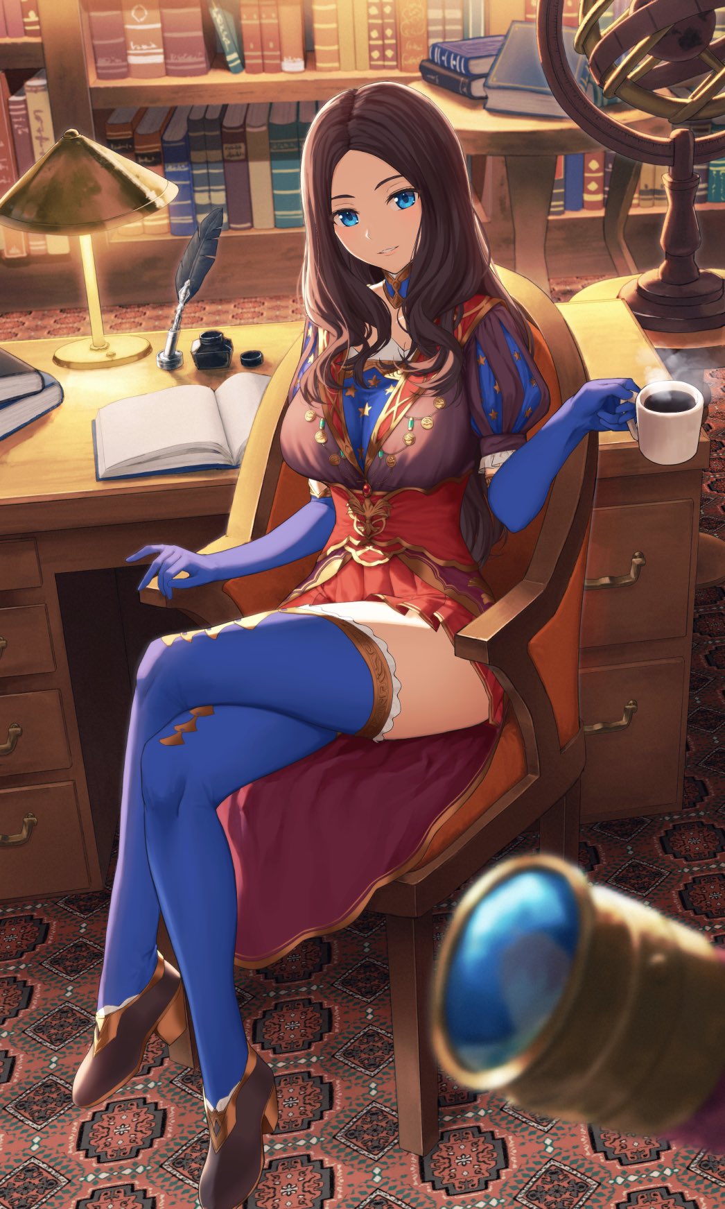 1girl armillary_sphere blue_eyes blue_gloves blurry blurry_foreground book book_stack breasts brown_hair carpet chair crossed_legs cup desk fate/grand_order fate_(series) gloves gold_trim high_heels highres holding holding_cup holding_quill inkwell kamo_ashi lamp large_breasts leonardo_da_vinci_(fate) long_hair looking_at_viewer open_book parted_bangs pleated_skirt puffy_short_sleeves puffy_sleeves quill red_skirt shelf short_sleeves sitting skirt solo telescope thighhighs