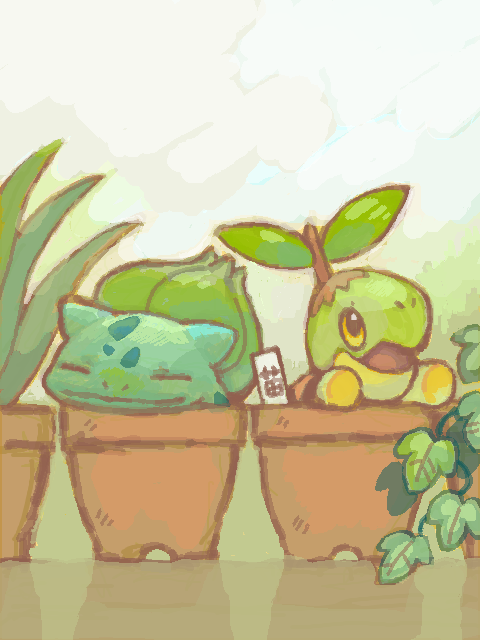 bulbasaur closed_mouth commentary creatures_(company) d&amp;p flower_pot game_freak gen_1_pokemon gen_4_pokemon gradient_background hands_up happy head_rest in_pot leaf looking_up nintendo no_humans oekaki open_mouth pokemon pokemon_(creature) pokemon_focus reflective_floor side-by-side sleeping sleeping_upright tegaki turtwig white_background