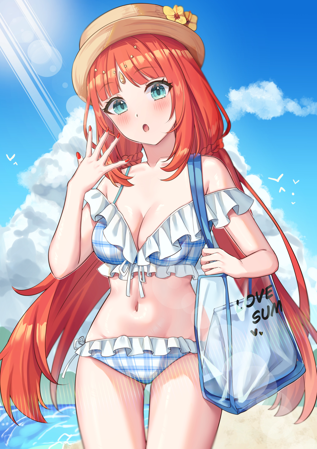 1girl :o alternate_costume aqua_eyes bag bare_shoulders beach bikini blue_bikini blue_panties blue_sky blush breasts cleavage cloud commentary_request cowboy_shot day fingernails frilled_bikini frills genshin_impact hand_up hat highres long_hair looking_at_viewer medium_breasts mikoto_(0709mikoto) nail_polish navel nilou_(genshin_impact) outdoors panties parted_bangs red_hair red_nails shoulder_bag simple_bird sky solo stomach sunlight swimsuit underwear very_long_hair white_bikini white_panties