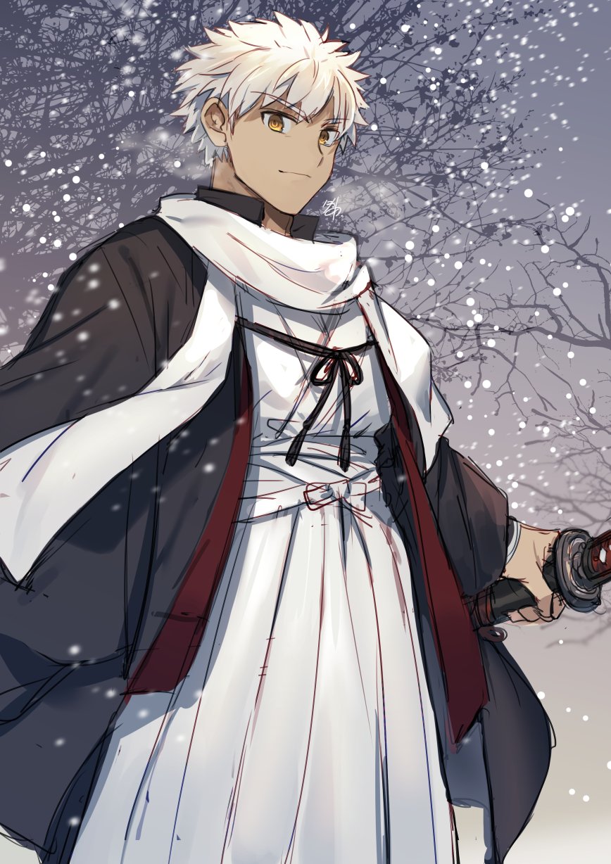 1boy black_kimono dark-skinned_male dark_skin emiya_shirou fate/grand_order fate_(series) highres holding holding_sword holding_weapon japanese_clothes katana kimono looking_at_viewer male_focus nikame scarf senji_muramasa_(fate) senji_muramasa_(third_ascension)_(fate) sketch snow snowing solo sword tree upper_body weapon white_hair wind yellow_eyes