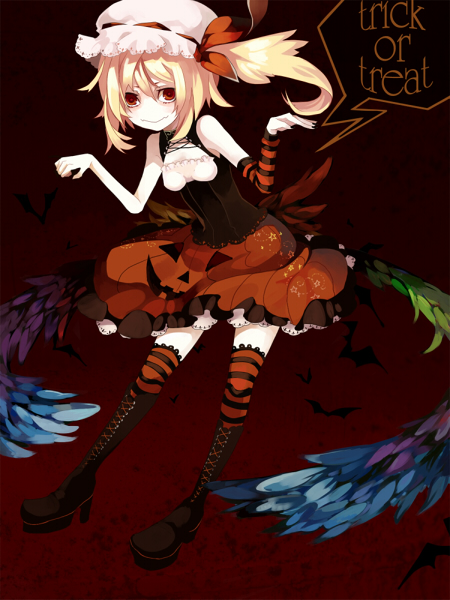 1girl alternate_wings blonde_hair female_focus flandre_scarlet gradient_background red_eyes riku_(artist) riku_(wana) side_ponytail skirt solo striped_clothes striped_thighhighs thighhighs touhou wings zettai_ryouiki