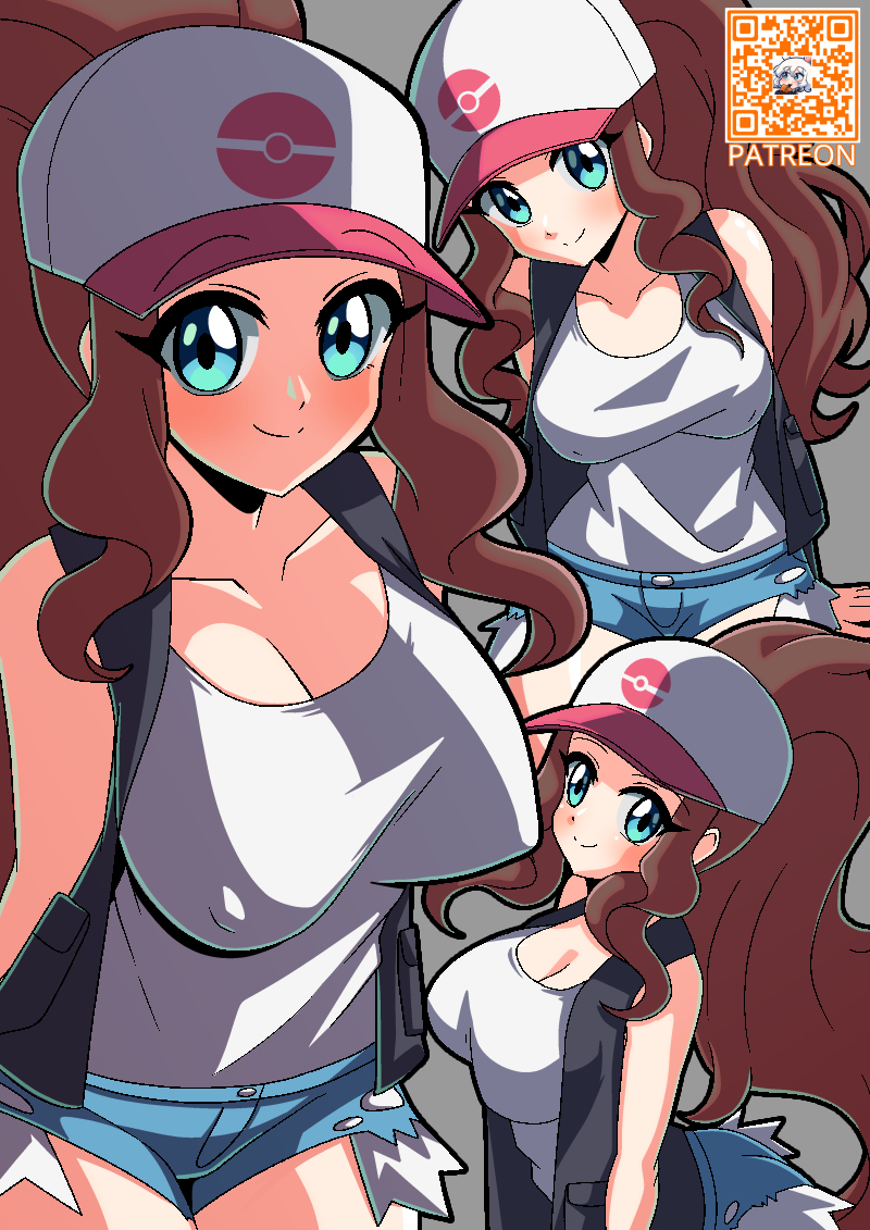 1girl acefish ass bare_shoulders black_jacket blue_eyes blush breasts brown_hair cleavage covered_erect_nipples creatures_(company) denim game_freak hat head_tilt hilda_(pokemon) jacket jeans large_breasts legs_together long_hair multiple_views nintendo pants poke_ball_print pokemon pokemon_bw ponytail shirt short_shorts shorts sidelocks simple_background sitting smile standing thighs torn_clothes torn_jeans torn_pants white_hat white_shirt