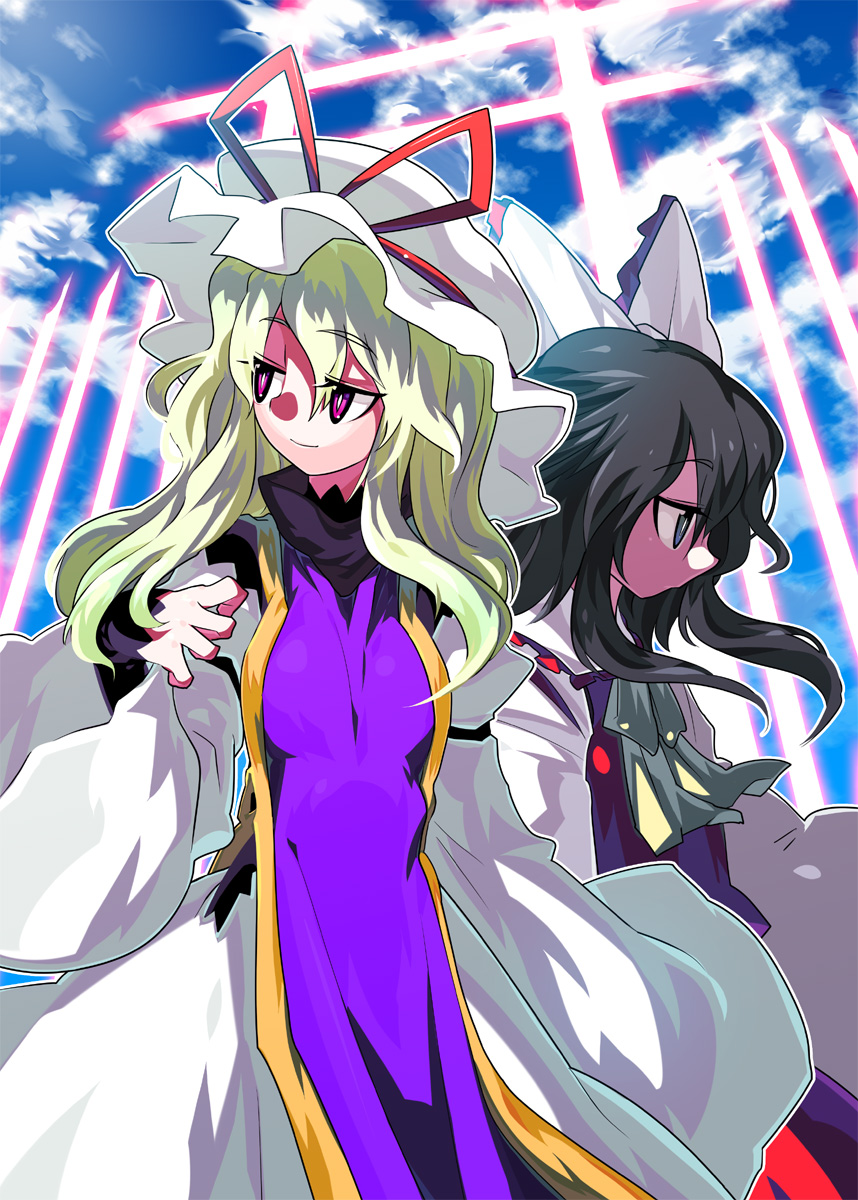 2girls bad_id bad_pixiv_id black_hair blonde_hair bow female_focus hair_bow hakurei_reimu highres long_hair meimu multiple_girls touhou tsuru_(artist) tsuru_(clainman) yakumo_yukari