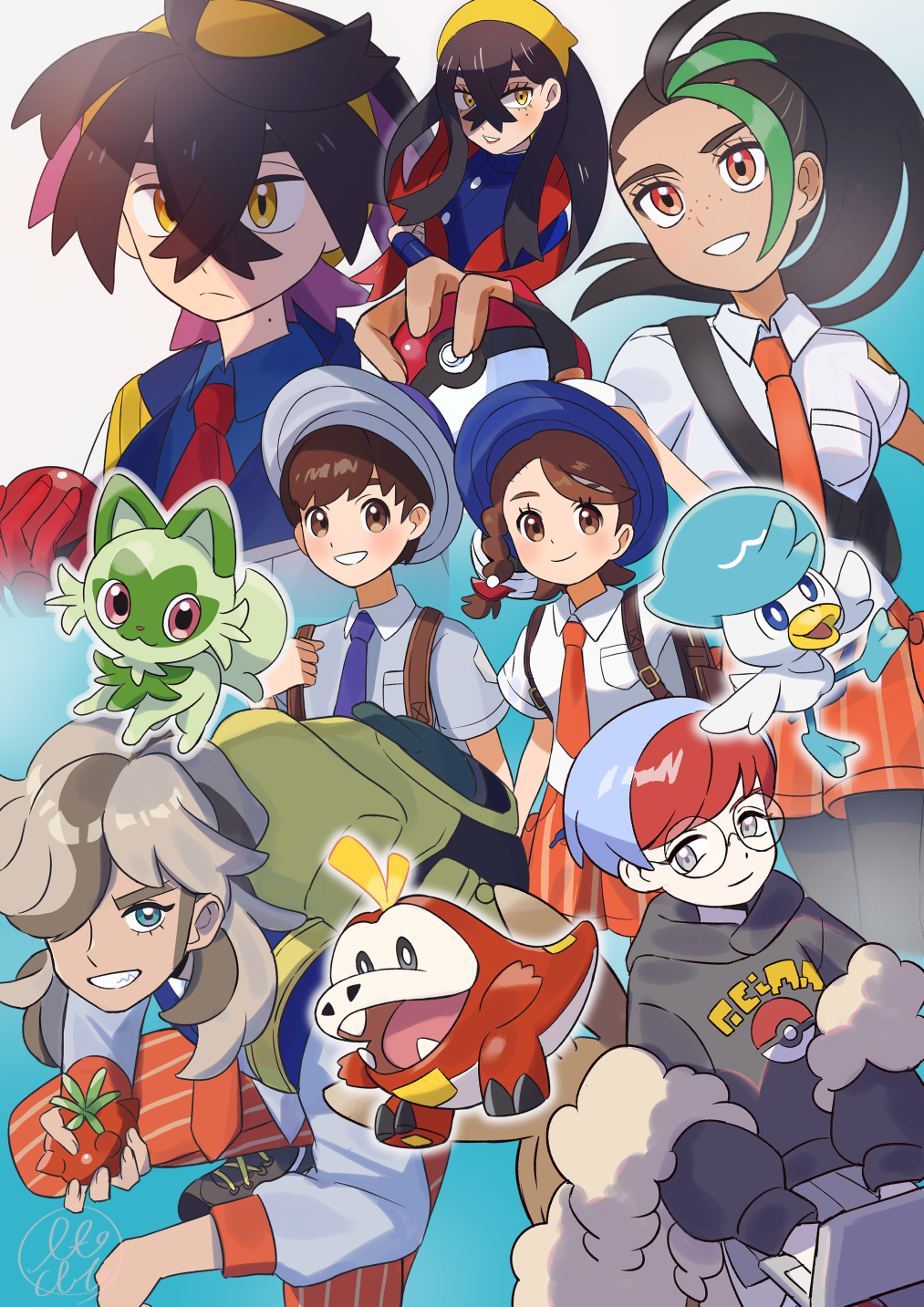 3boys 4girls arven_(pokemon) backpack bag black_hair blue_shirt breast_pocket brown_bag brown_eyes brown_hair carmine_(pokemon) closed_mouth collared_shirt commentary creatures_(company) eyelashes florian_(pokemon) fuecoco game_freak hairband hat highres holding holding_poke_ball hood hoodie jacket juliana_(pokemon) kieran_(pokemon) mole mole_on_neck multiple_boys multiple_girls necktie nemona_(pokemon) nintendo orange_(orangelv20) orange_necktie orange_shorts penny_(pokemon) pocket poke_ball poke_ball_(basic) poke_ball_print pokemon pokemon_sv quaxly red_necktie school_uniform shirt shorts smile sprigatito starter_pokemon_trio vest white_jacket yellow_bag yellow_hairband