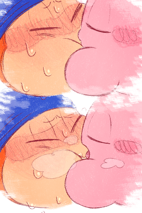 1boy 1other bandana bandana_waddle_dee blue_headwear blush blush_stickers colored_skin drooling closed_eyes facing_another french_kiss full-face_blush hands_on_another&#039;s_face heavy_breathing kirby kirby_(series) kiss lips multiple_views nintendo no_humans pervoborb saliva sexually_suggestive simple_background steam sweat tongue white_background