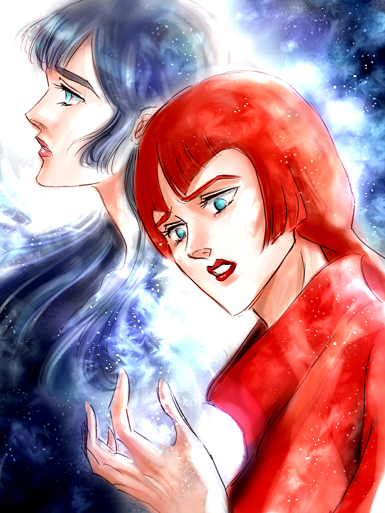 1980s_(style) blue_eyes blue_hair densetsu_kyojin_ideon harulu_ajiba karala_ajiba retro_artstyle red_hair retro_artstyle siblings sisters yukki_(rffcq251)