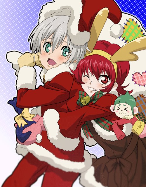 1boy 1girl christmas dress fake_antlers fumiko_(mesushi) fur-trimmed_dress fur-trimmed_headwear fur_trim hat holding holding_sack iria_animi looking_at_viewer mittens one_eye_closed open_mouth red_eyes red_hair red_hat ruca_milda sack santa_costume santa_hat short_hair smile tales_of_(series) tales_of_innocence very_short_hair white_hair