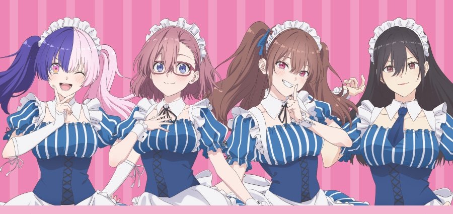 2.5_jigen_no_ririsa 4girls 753_(2.5_jigen_no_ririsa) alternate_costume amano_ririsa black_hair blue_corset blue_dress blue_hair blue_necktie blue_ribbon breasts brown_hair corset dress enmaided glasses hair_between_eyes hair_ribbon hand_on_own_chest hanyuu_mayuri large_breasts long_hair maid maid_headdress multicolored_hair multiple_girls nagomi_(2.5d_jigen_no_ririsa) neck_ribbon necktie official_art pink_eyes pink_hair purple_eyes red_eyes ribbon small_breasts smile tachibana_mikari twintails white_hair