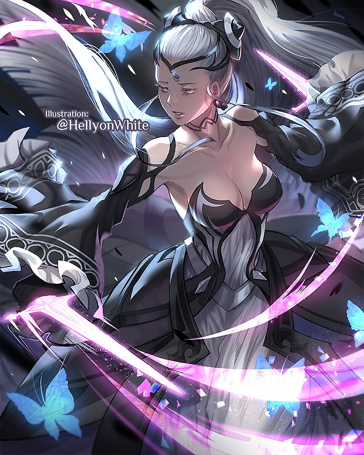 1girl animal bare_shoulders black_bow black_choker black_dress black_gloves bow breasts bug butterfly choker cleavage collarbone commentary commission dagger detached_sleeves dress dual_wielding earrings eir_(fire_emblem) english_commentary fire_emblem fire_emblem_heroes frilled_sleeves frills gloves grey_eyes grey_hair hair_bow hair_ornament headgear hellyon_white holding holding_dagger holding_knife holding_weapon insect jewelry knife long_hair looking_away medium_breasts nintendo parted_lips ponytail solo teeth twitter_username very_long_hair weapon white_dress wide_sleeves