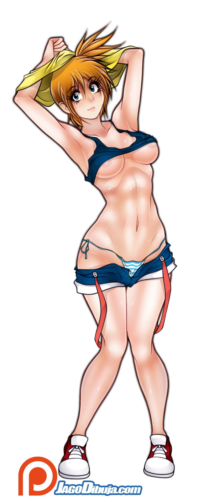 abs bikini blue_eyes blue_shorts breasts clothes_lift clothes_pull converse creatures_(company) game_freak jago_dibuja large_breasts looking_at_viewer misty_(pokemon) nintendo orange_hair pokemon pokemon_(anime) pokemon_(classic_anime) pokemon_frlg ponytail red_shoe red_suspenders removed_clothing shirt shirt_lift short_hair shorts shorts_pull side_ponytail striped_bikini striped_clothes suspender_shorts suspenders swimsuit underboob yellow_shirt