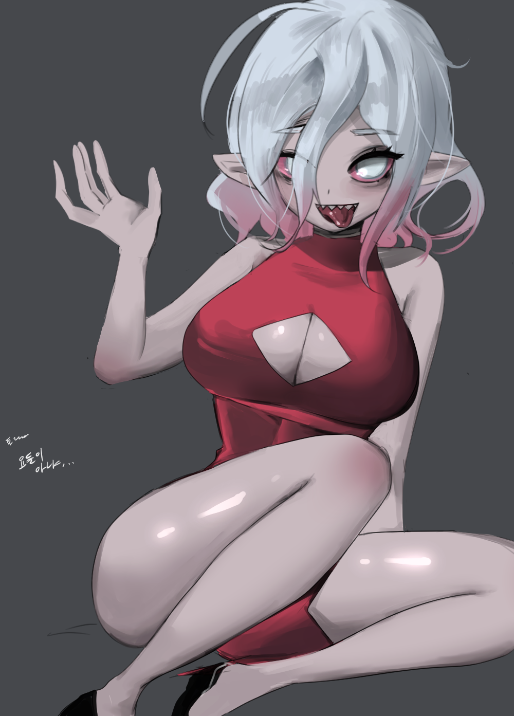 1girl breasts briar_(league_of_legends) cleavage colored_skin dress high_heels huge_breasts league_of_legends open-chest_dress pointy_ears red_dress sharp_teeth teeth