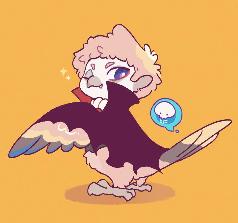 1boy bird_boy bird_wings black_cape blue_eyes cape from_side full_body furry furry_male ghost halloween halloween_costume hua_hua_de_meme looking_at_viewer looking_to_the_side one_eye_closed orange_hair original outstretched_arm solo standing vampire_costume wings yellow_background