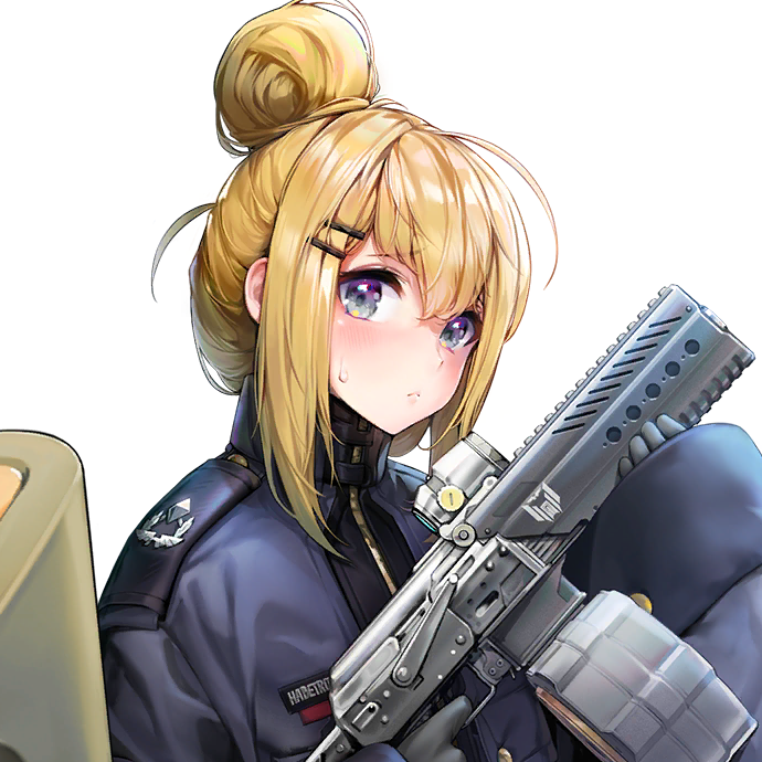 1girl blonde_hair blue_eyes blue_jacket blush bumcha character_name closed_mouth eyebrows_hidden_by_hair female_focus game_cg gloves gun habetrot_(last_origin) hair_between_eyes hair_bun hair_ornament hair_tuft hairclip high_collar jacket large_sleeves last_origin long_sleeves looking_at_viewer military_jacket military_uniform official_art single_hair_bun sleeves_past_wrists submachine_gun sweatdrop transparent_background upper_body weapon wide_sleeves