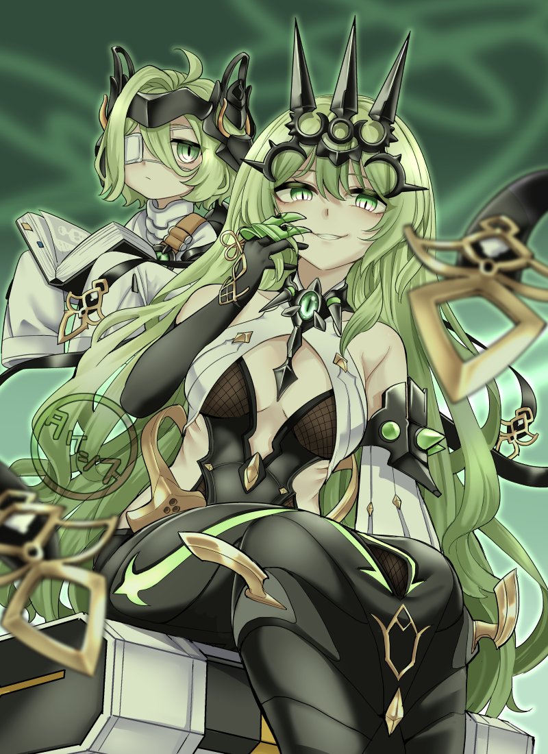 2girls black_claws black_dress black_tiara book breasts center_opening coat commentary_request dress eyepatch from_below green_background green_hair holding holding_book honkai_(series) honkai_impact_3rd klein_(honkai_impact) lab_coat long_hair looking_at_viewer medical_eyepatch medium_breasts mobius_(honkai_impact) multiple_girls open_book parted_lips sitting slit_pupils smile takeshisu tiara white_coat