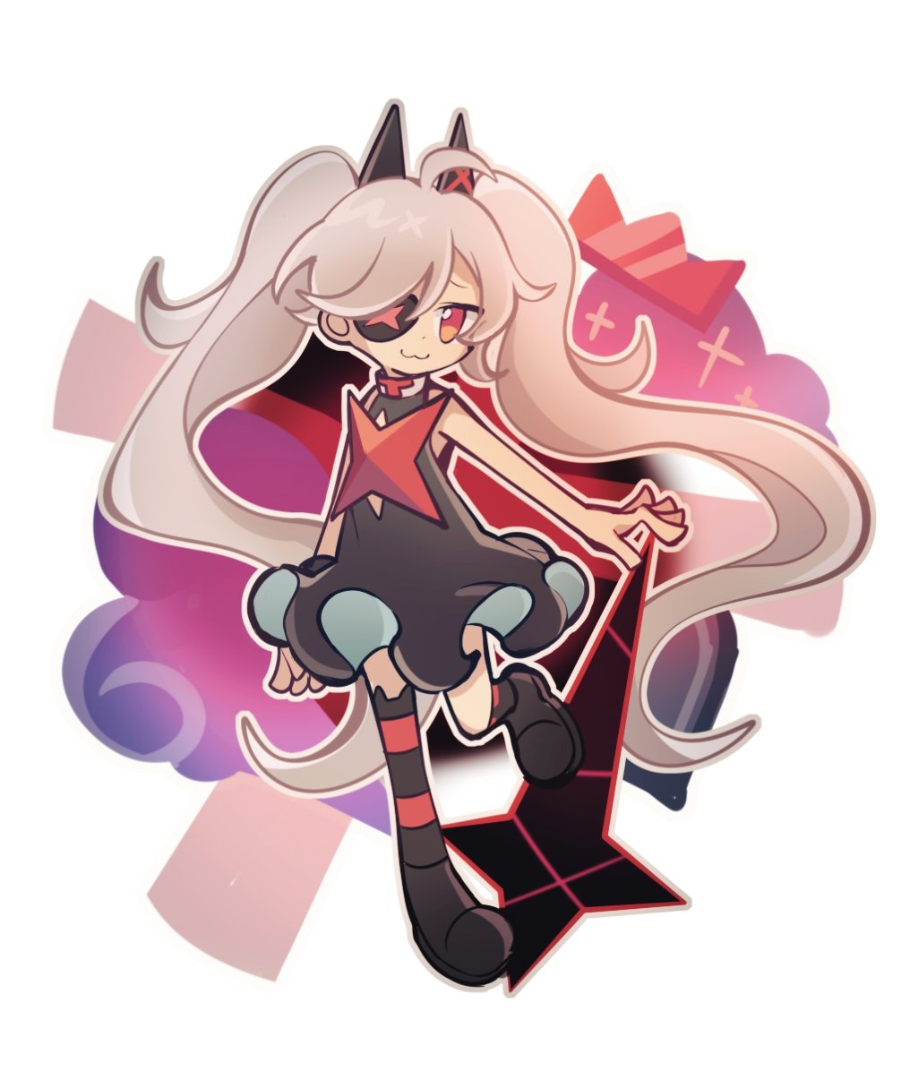 1girl :3 ahoge animal_ear_legwear black_shrug cat_ear_legwear cat_ear_thighhighs cat_thighhighs collared_shrug djmax djmax_respect dress eyepatch fail_(djmax) grey_hair hair_between_eyes hair_ornament long_hair looking_at_viewer outline red_eyes shrug_(clothing) simple_background smile solo standing standing_on_one_leg thighhighs twintails user_hguh3744 very_long_hair white_outline