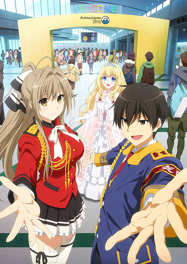 10s 2015 2girls amagi_brilliant_park antenna_hair blonde_hair blue_eyes breasts brown_eyes brown_hair crown kanie_seiya large_breasts latifa_fleuranza long_hair looking_at_viewer multiple_boys multiple_girls official_art open_mouth sento_isuzu skirt smile tiara