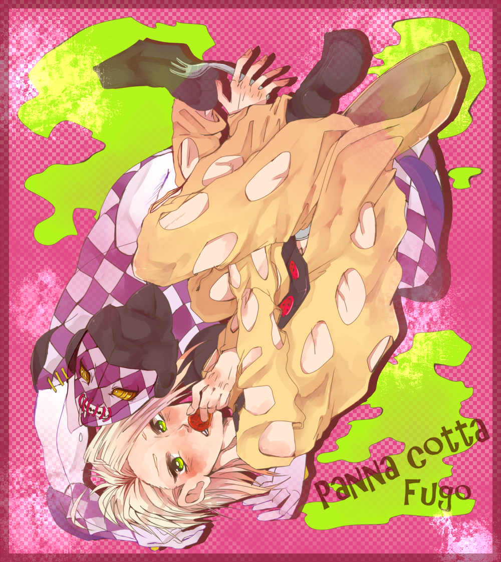 1boy food fork fruit green_eyes hikaru_(hkr3224) jojo_no_kimyou_na_bouken pannacotta_fugo purple_haze_(stand) stand_(jojo) strawberry white_hair