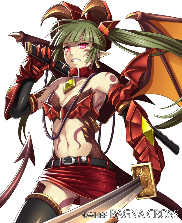 1girl armpits black_thighhighs demon_tail earrings female_focus gauntlets green_hair holding holding_sword holding_weapon jewelry katana keible long_hair miniskirt navel pink_eyes pointy_ears ragna_cross red_skirt skirt solo sword tail thighhighs twintails watermark weapon wings